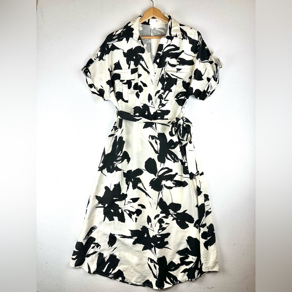 Amanda Floral Midi Dress Tie Waist Black & White Office Party‎ Abstract